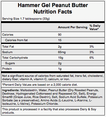 Hammer Gel Peanut Butter Nutrition Facts