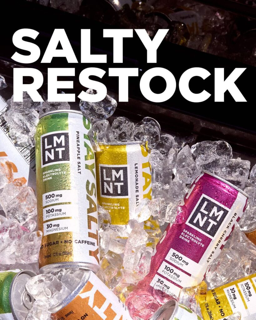 photos of lmnt cans in ice, aluminum cans in green, yellow, and purple cans to show different flavors