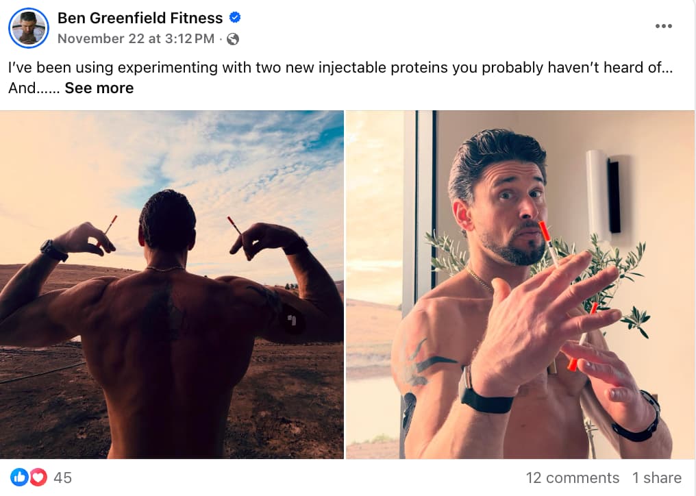 popular facebook post screenshot of ben with peptides. left photo has a silhouette of him flexing in front of sunset and right photo has ben with peptides in hands