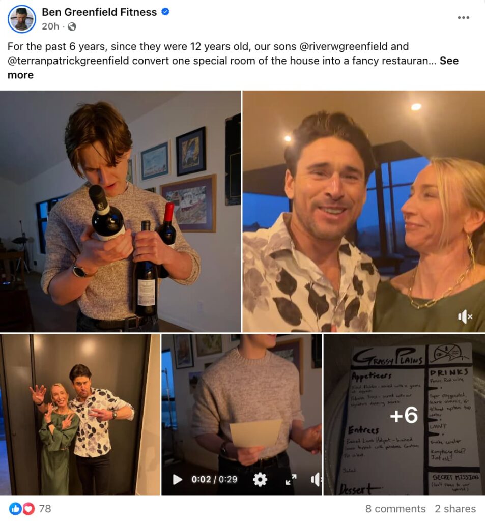 Screenshot of a Facebook post by Ben Greenfield Fitness, posted 20 hours ago with a public audience setting. The caption reads: "For the past 6 years, since they were 12 years old, our sons @riverwgreenfield and @terranpatrickgreenfield convert one special room of the house into a fancy restauran… See more." The post contains a collage of five images and one video. Top left: a teenage boy with brown hair wearing a gray sweater holding three wine bottles and looking down at them, standing in a dimly lit room with framed artwork on the wall behind him. Top right: a video still of a smiling man in a floral black-and-white shirt standing close to a blonde woman in a dark green top, both facing the camera in a warmly lit room at dusk. Bottom left: the same woman and man posing playfully in front of a dark door, making fun gestures at the camera. Bottom center: a short video (0:29) showing the teenage boy in a gray sweater holding what appears to be a menu or notepad, with a play button overlay. Bottom right: a handwritten restaurant-style menu on a dark background titled "Grassy Plains," listing sections for Appetizers, Entrees, Dessert, Drinks (including "Fancy Red Wine" and "LMNT"), and a "Secret Mission" note at the bottom. A "+6" indicator shows additional images in the post. The post received 78 reactions, 8 comments, and 2 shares.