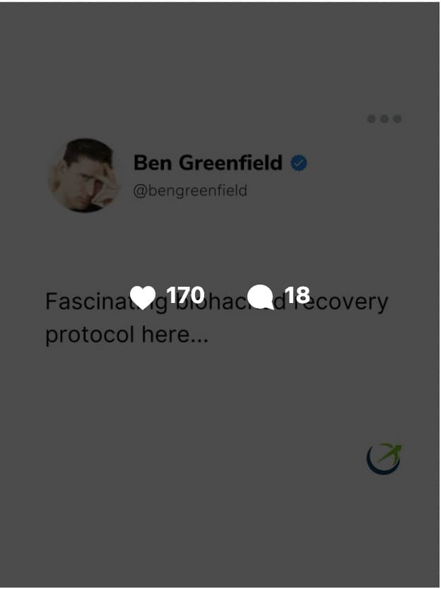 Screenshot of a tweet by Ben Greenfield (@bengreenfield), verified with a blue checkmark, displayed on a dark dimmed background. His profile photo showing him with his hand near his face is visible in the upper left. The partial tweet text reads: "Fascinating biohacked recovery protocol here…" The full text is partially obscured by a social media engagement overlay showing 170 likes and 18 comments. The Boundless Life circular logo icon is visible in the bottom right corner.