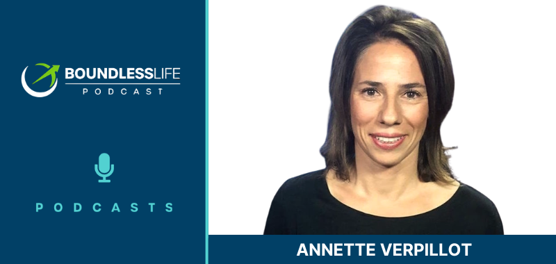 Boundless Life Podcast guest graphic featuring Annette Verpillot. The left side has a dark navy blue background displaying the circular Boundless Life Podcast logo with a stylized athlete figure, the text "Boundless Life Podcast" in white, and a teal microphone icon labeled "Podcasts" beneath it. The right side shows a professional headshot of Annette Verpillot, a woman with medium-length dark brown hair, wearing a black top, smiling warmly against a plain light background.