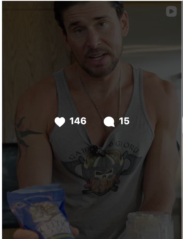 Video thumbnail showing Ben Greenfield in a gray tank top and chain necklace, holding a food package in a kitchen setting, with 146 likes and 15 comments displayed.
