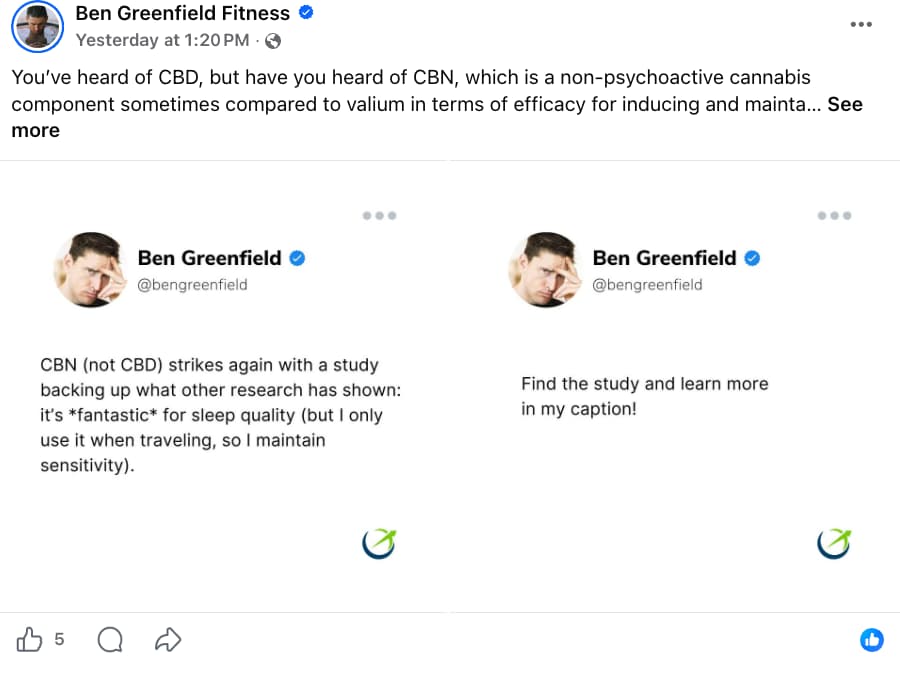 Screenshot of a Ben Greenfield Fitness Facebook post about CBN as a non-psychoactive cannabis compound for sleep, featuring two embedded tweets from @bengreenfield describing CBN as fantastic for sleep quality and directing followers to find a supporting study in the caption
