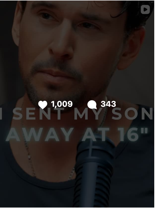 Video thumbnail of Ben Greenfield speaking into a microphone with the overlaid text 'I Sent My Son Away at 16,' showing 1,009 likes and 343 comments