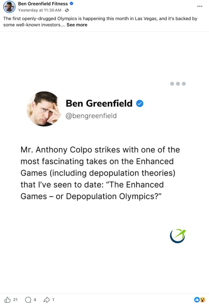 Screenshot of a Ben Greenfield Fitness Facebook post sharing an embedded tweet from @bengreenfield recommending Anthony Colpo's article 'The Enhanced Games – or Depopulation Olympics?' with the caption beginning 'The first openly-drugged Olympics is happening this month in Las Vegas.