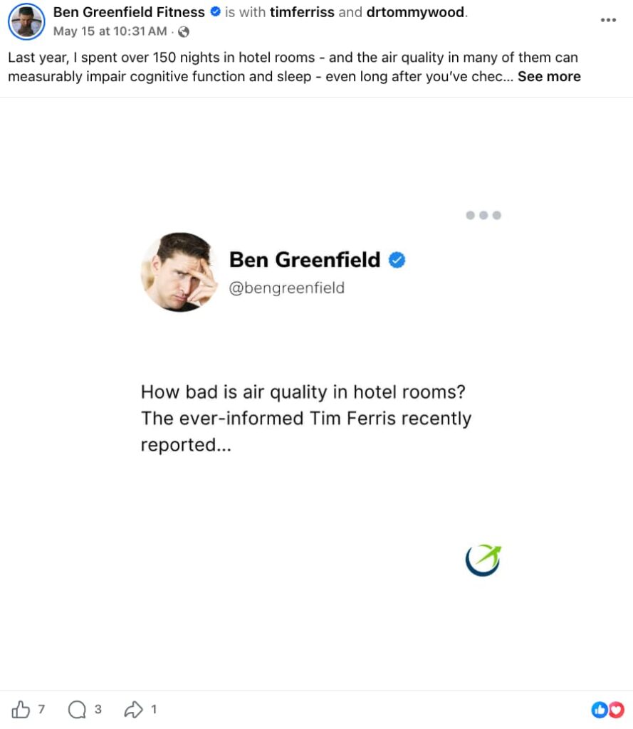 Screenshot of a Ben Greenfield Fitness Facebook post tagged with Tim Ferriss and Dr. Tommy Wood, discussing poor air quality in hotel rooms and its effect on cognitive function and sleep, featuring an embedded tweet from @bengreenfield referencing Tim Ferriss's reporting on the topic.