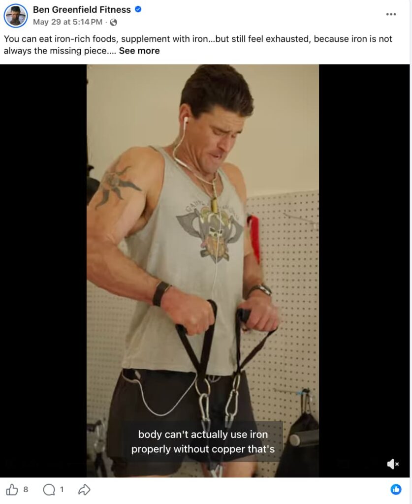 Screenshot of a Ben Greenfield Fitness Facebook post about iron absorption and fatigue, featuring a video of Ben working out with resistance straps in a home gym, wearing a sleeveless shirt and earbuds, with the subtitle 'body can't actually use iron properly without copper that's' visible on screen.