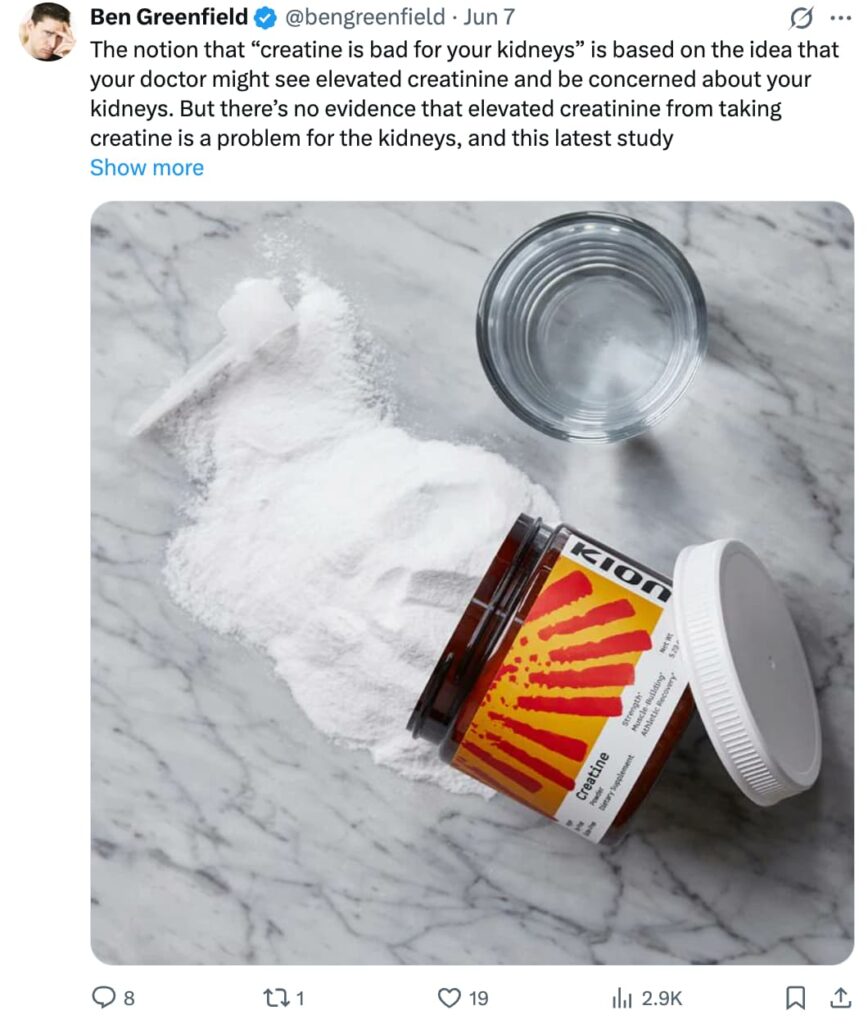 Screenshot of a tweet from @bengreenfield dated June 7, debunking the claim that creatine is bad for kidneys, alongside a product photo of a tipped-over Kion Creatine jar with white powder spilled on a marble surface next to a glass of water.