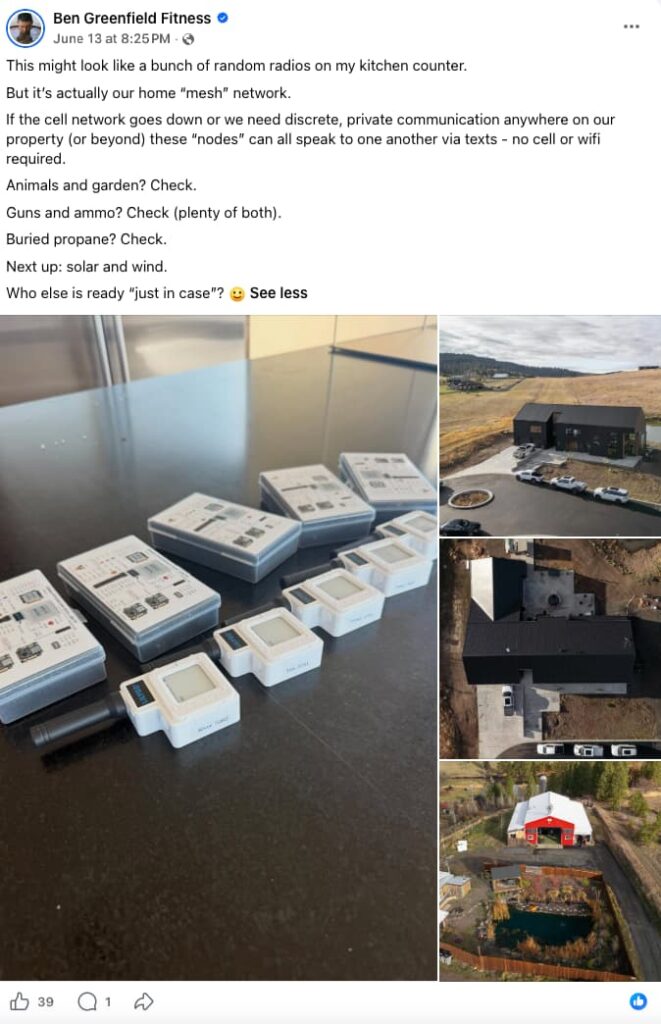 Screenshot of a Ben Greenfield Fitness Facebook post about home preparedness, featuring a photo of multiple mesh network radio nodes spread on a kitchen counter alongside three aerial drone photos of the Greenfield property showing a black modern home, a barn structure, and a red outbuilding