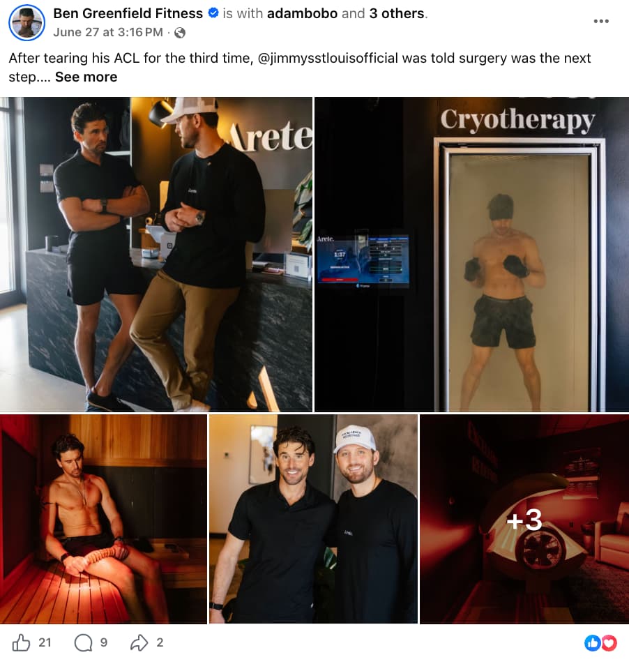 Screenshot of a Ben Greenfield Fitness Facebook post about Jimmy St. Louis recovering from a third ACL tear without surgery, featuring a collage of five photos from the Arete wellness facility including Ben and Jimmy in conversation, Jimmy in a cryotherapy chamber, a man in a sauna, Ben and Jimmy posing together, and a red-lit recovery room.