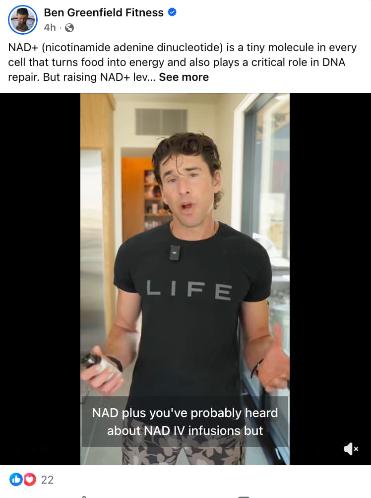 Facebook video post from Ben Greenfield Fitness introducing NAD+ (nicotinamide adenine dinucleotide), described as a molecule in every cell that converts food into energy and supports DNA repair. The video thumbnail shows Ben Greenfield, a man with wavy brown hair wearing a black 'LIFE' T-shirt, mid-sentence with a small vial or dropper bottle in one hand, standing indoors near a window. Captions on the video read 'NAD plus you've probably heard about NAD IV infusions but.