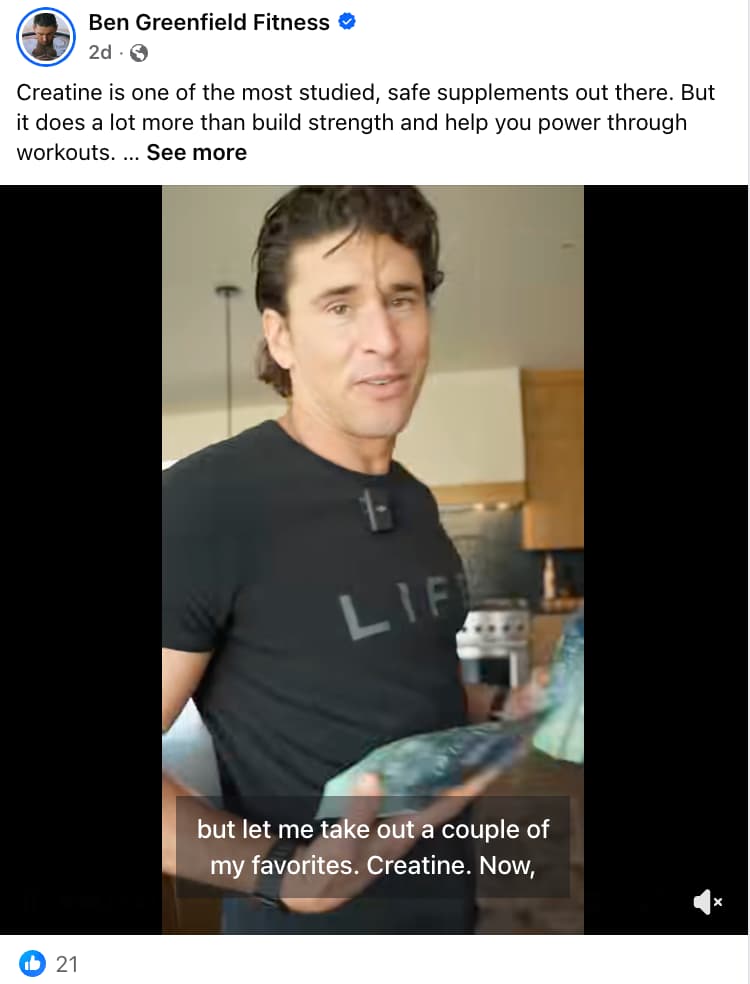 Facebook video post from Ben Greenfield Fitness discussing creatine as a well-studied, safe supplement with benefits beyond strength and workout performance. The video shows Ben Greenfield, a man with wavy dark hair wearing a black 'LIFE' T-shirt, standing in a kitchen holding a blue-green object, with captions reading 'but let me take out a couple of my favorites. Creatine. Now,