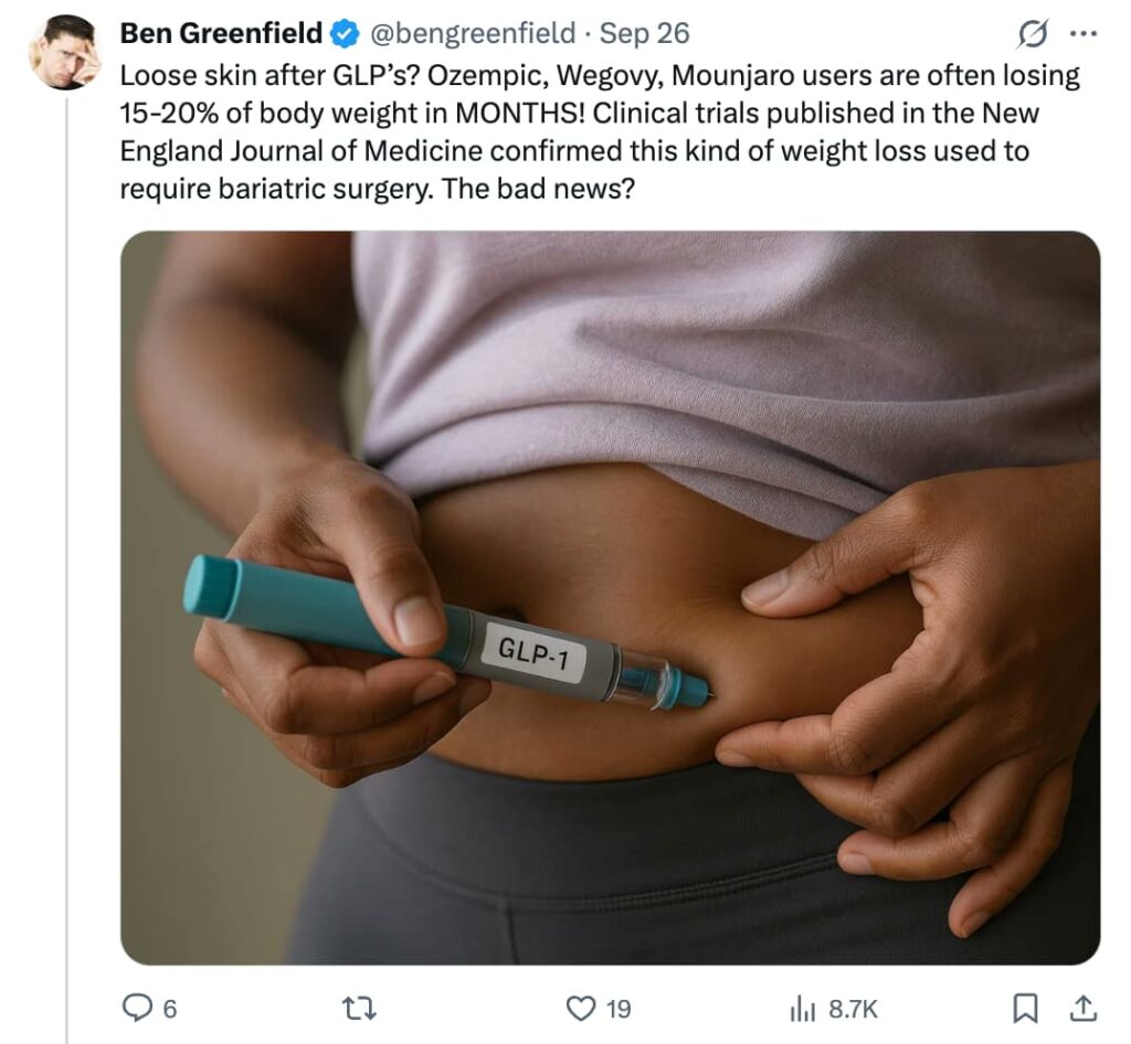 Twitter post from Ben Greenfield (@bengreenfield) about loose skin after GLP-1 use, noting that Ozempic, Wegovy, and Mounjaro users often lose 15-20% of body weight within months, citing New England Journal of Medicine trials showing this level of weight loss previously required bariatric surgery. The photo shows a close-up of a person's midsection as they pinch skin at the waist while holding a teal injector pen labeled 'GLP-1.'