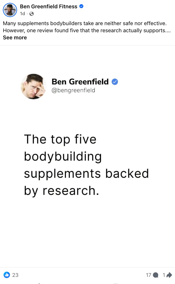Facebook post from Ben Greenfield Fitness stating that many supplements bodybuilders take are neither safe nor effective, but one review identified five backed by research. The embedded graphic is a quote card from Ben Greenfield's Twitter account reading 'The top five bodybuilding supplements backed by research.