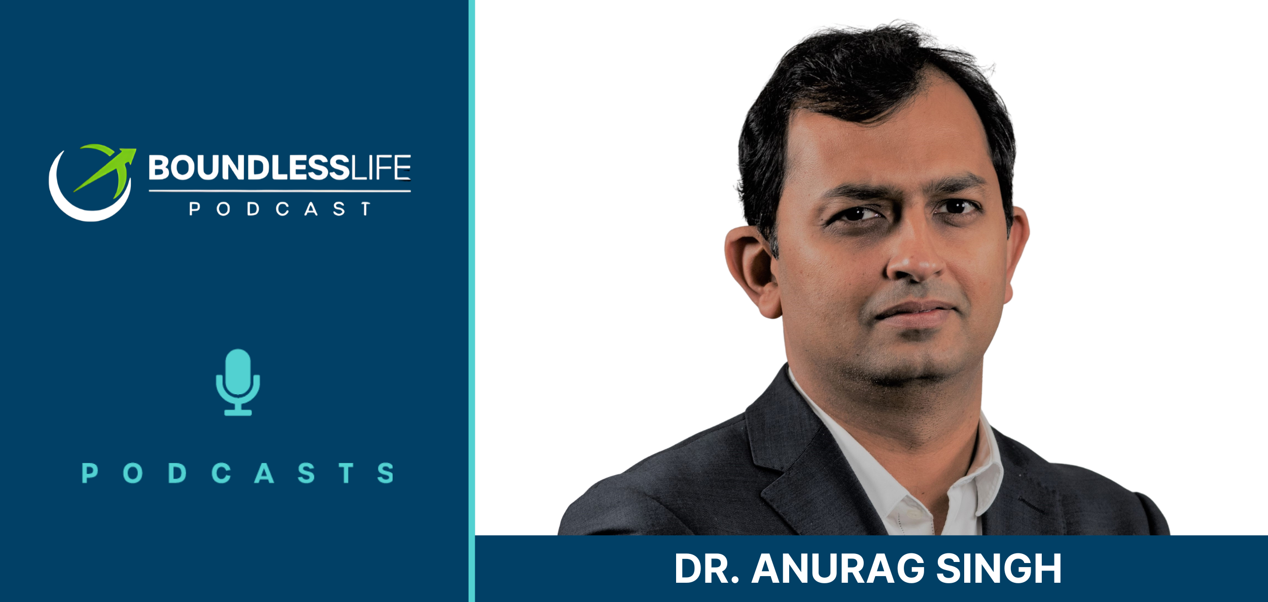 Boundless Life Podcast promotional graphic featuring a headshot of Dr. Anurag Singh, a smiling man in a dark shirt, against a light background with the podcast logo and microphone icon.