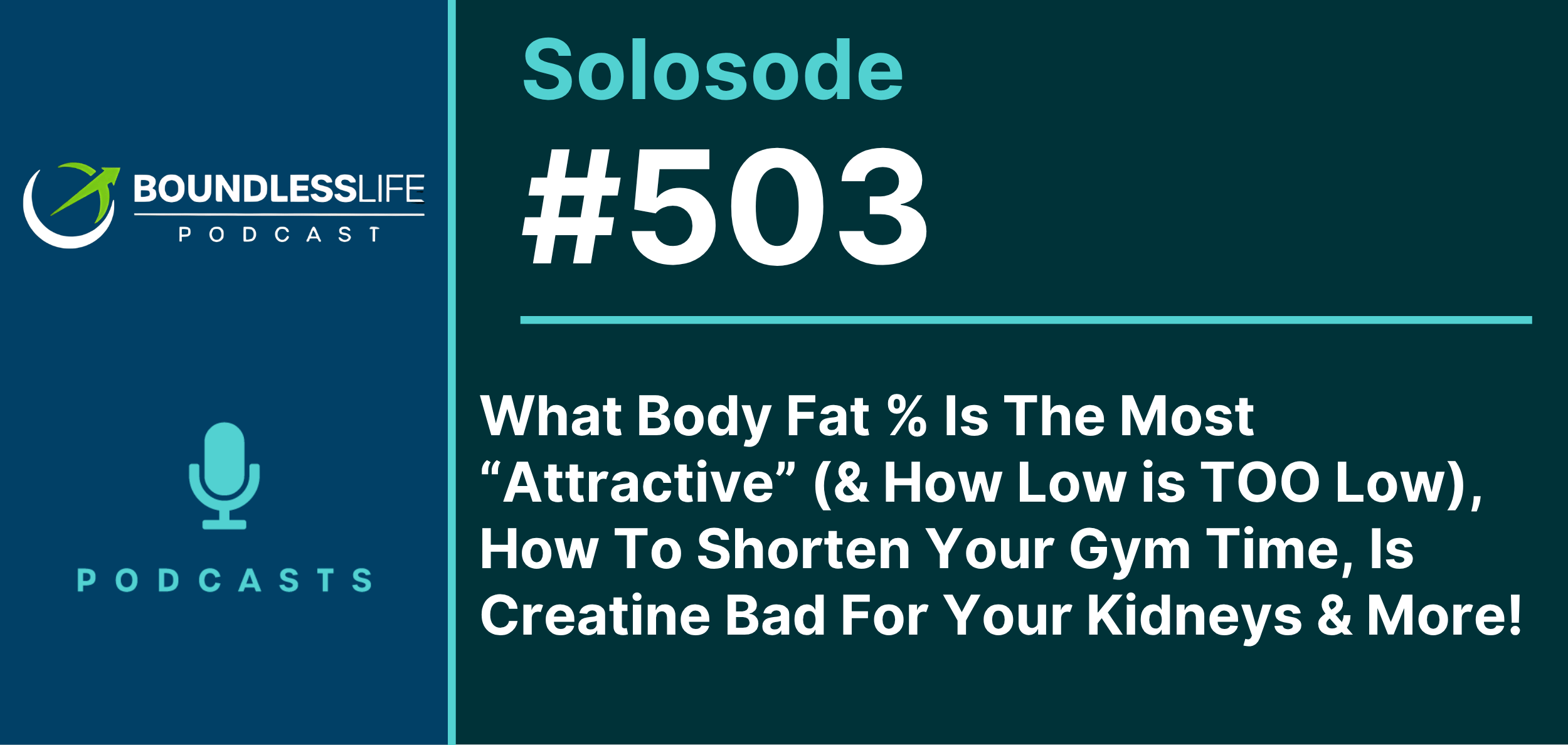 Solosode #503 podcast cover graphic from Boundless Life Podcast. Dark teal background with cyan text reading 'What Body Fat % Is The Most "Attractive" (& How Low is TOO Low), How To Shorten Your Gym Time, Is Creatine Bad For Your Kidneys & More!' Features the Boundless Life Podcast logo and a microphone icon.