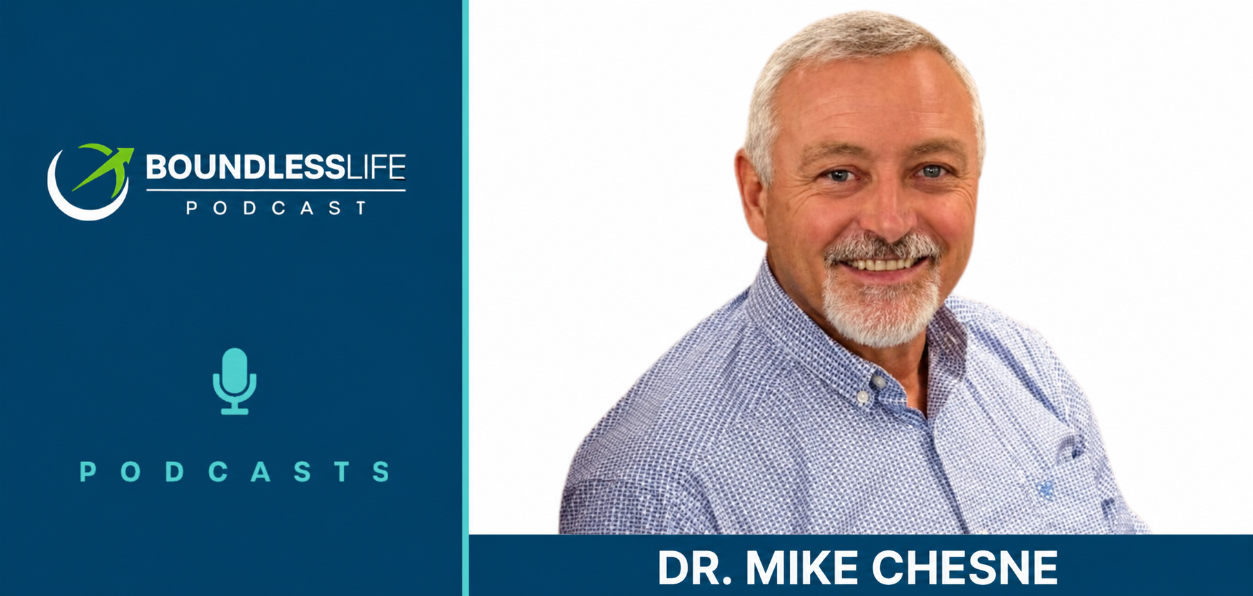 Boundless Life Podcast promotional graphic featuring a headshot of Dr. Mike Chesne, a smiling older man with a white beard wearing a blue patterned shirt, against a light background with the podcast logo and microphone icon.