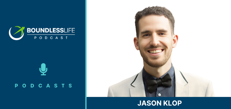 Boundless Life Podcast guest graphic featuring Jason Klop. The left side has a dark navy blue background displaying the Boundless Life Podcast logo and a teal microphone icon labeled "Podcasts" beneath it. The right side shows a professional headshot of Jason Klop, a young man with short dark hair and a warm smile, wearing a light beige blazer and a dark bow tie against a plain light background. He is looking directly at the camera. His name, "Jason Klop," appears in bold white text on a dark teal banner spanning the full width of the bottom of the graphic.