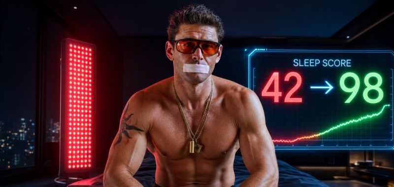 Ben Greenfield shirtless wearing orange-tinted glasses and mouth tape, seated in front of red light therapy panels with a sleep score of 42 displayed on a screen in the background.