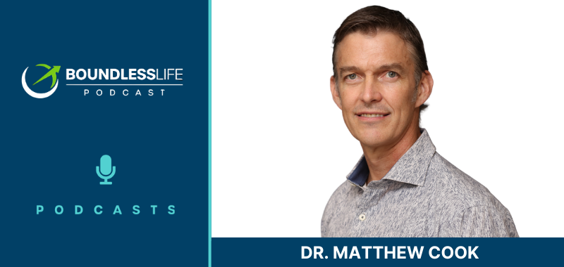 Boundless Life Podcast guest graphic featuring Dr. Matthew Cook. The left side has a dark navy blue background displaying the circular Boundless Life Podcast logo with a stylized athlete figure, the text "Boundless Life Podcast" in white, and a teal microphone icon labeled "Podcasts" beneath it. The right side shows a professional headshot of Dr. Matthew Cook, a middle-aged man with short gray hair and blue eyes, wearing a light gray button-up shirt, smiling slightly against a white background. His name, "Dr. Matthew Cook," appears in bold white text on a dark teal banner spanning the full width of the bottom of the graphic.