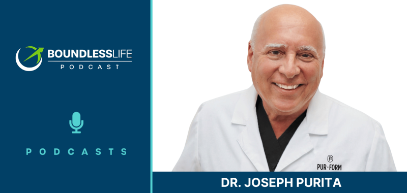 Boundless Life Podcast promotional graphic featuring a headshot of Dr. Joseph Purita, a smiling older man wearing a white lab coat, against a light background with the podcast logo and microphone icon.
