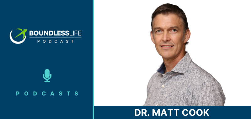 Boundless Life Podcast graphic with the show logo and microphone icon on a dark blue background at left, and a photo of a smiling man in a gray patterned button-down shirt at right. A banner across the bottom reads "Dr. Matt Cook."