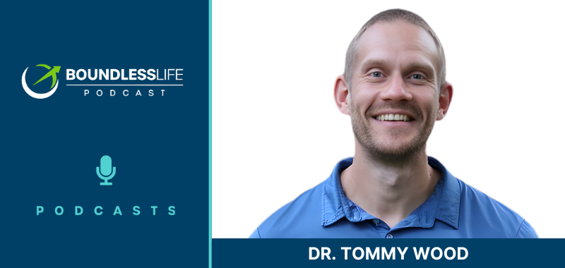 Dr. Tommy Wood smiling at the camera on the Boundless Life Podcast thumbnail with teal background and podcast microphone icon