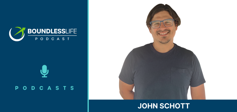 Boundless Life Podcast promotional graphic featuring a headshot of John Schott, a smiling man wearing glasses and a gray t-shirt, against a light background with the podcast logo and microphone icon.