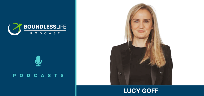 Boundless Life Podcast promotional graphic featuring a headshot of Lucy Goff, a smiling woman with blonde hair wearing a black blazer, against a light background with the podcast logo and microphone icon.