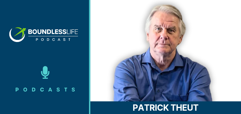 Boundless Life Podcast promotional graphic featuring guest Patrick Theut, an older man with white hair, wearing a blue button-up shirt, against a white background. A dark blue sidebar on the left displays the podcast logo, a microphone icon, and the word ‘PODCASTS,’ with ‘PATRICK THEUT’ labeled in a blue banner at the bottom right.